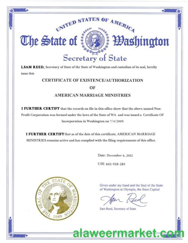 USA Washington state marriage certificate template in PSD format